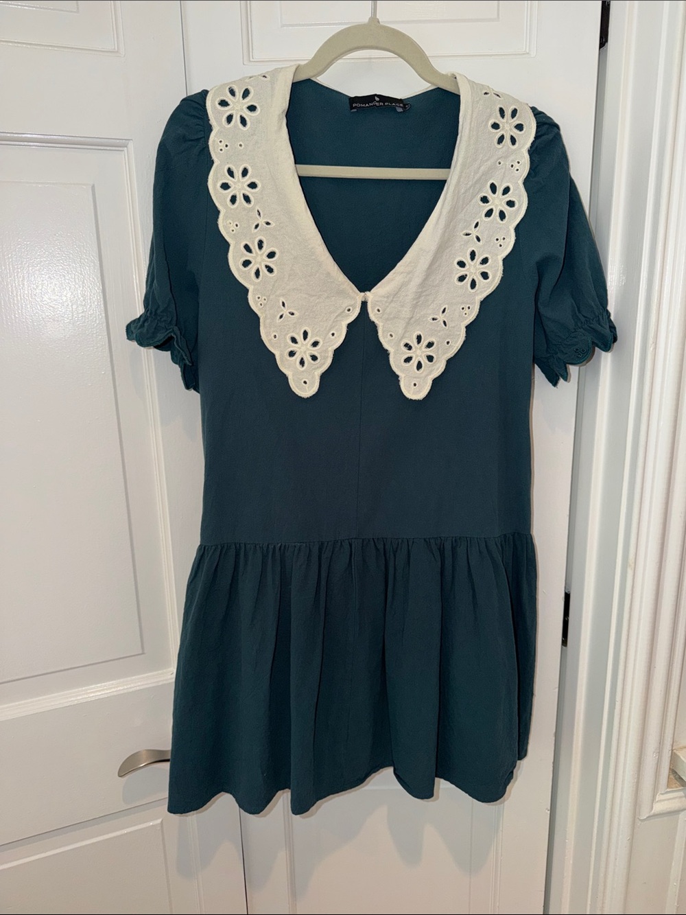 Pomander Place peacock Green Mini Dress with White Eyelet Lace  Collar
